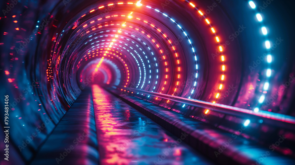 A dark alley with round red and blue neon lights A dark alley with round red and blue neon lights
