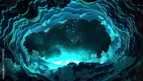 bioluminescent cave paper cut template with eerie. seamless looping overlay 4k virtual video animation background photo
