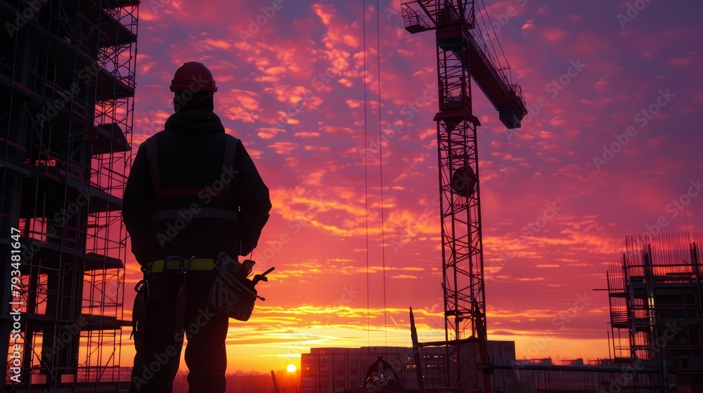 Construction worker watching the sunset over the city