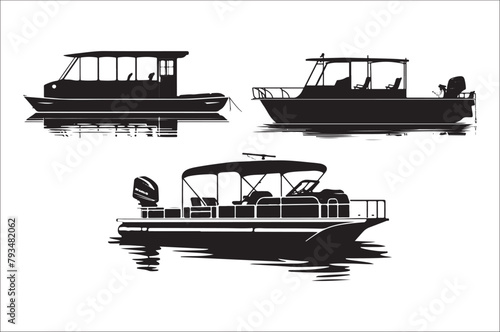 Pontoon boat black and white vector Illustration  of a white background.