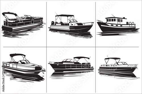 Pontoon boat black and white vector Illustration  of a white background.
