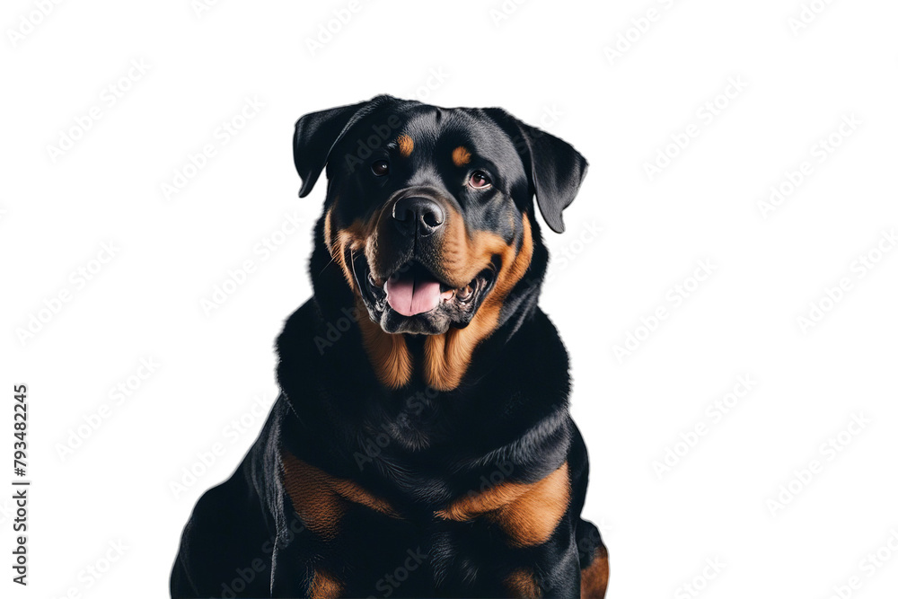 Obraz premium background front white rottweiler dog muscular strong defender animal big large studio indoor brown black pet adult security guard young breed pedigreed portrait devoted male tongue