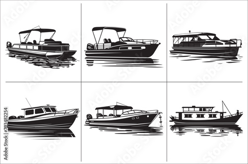 Pontoon boat black and white vector Illustration  of a white background.