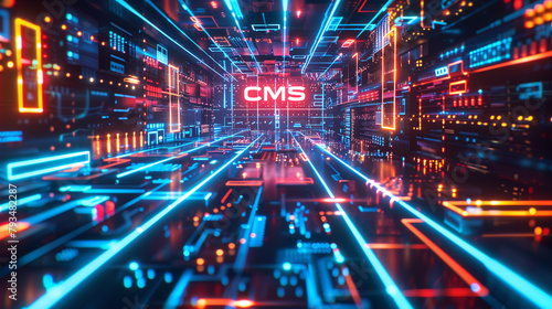 Futuristic CMS Text in Cyber Circuit Board City Concept