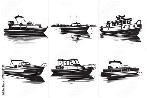 Pontoon boat black and white vector Illustration  of a white background.