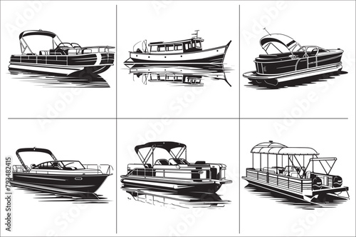 Pontoon boat black and white vector Illustration  of a white background.