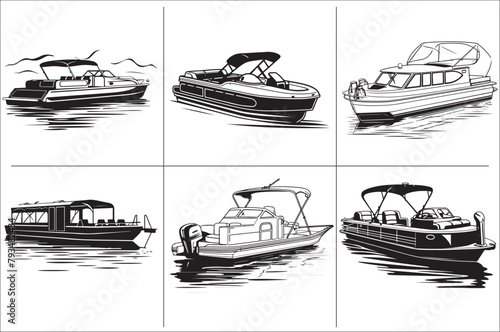 Pontoon boat black and white vector Illustration  of a white background.
