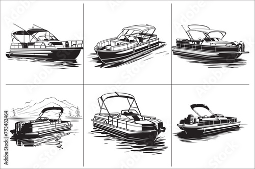 Pontoon boat black and white vector Illustration  of a white background.