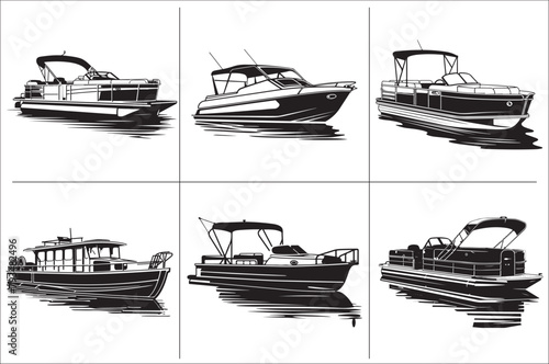 Pontoon boat black and white vector Illustration  of a white background.
