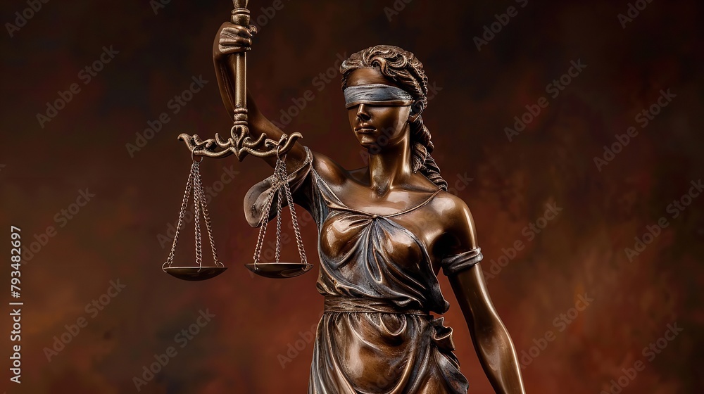 In-depth of the bronze figure of the goddess of justice bearing a blindfold and holding a sword and the scales of justice over a pale setting and space, Generative AI.
