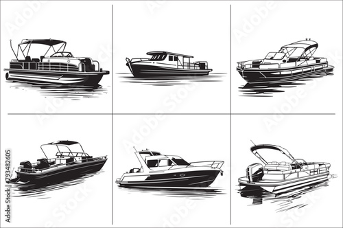 Pontoon boat black and white vector Illustration  of a white background.