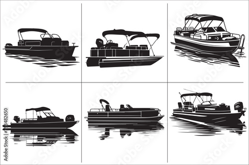 Pontoon boat black and white vector Illustration  of a white background.