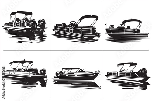 Pontoon boat black and white vector Illustration  of a white background.