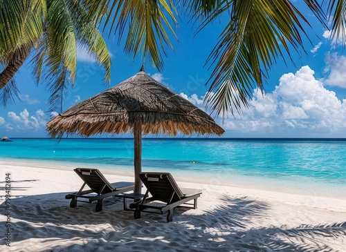  Beautiful tropical beach with thatched umbrella and two sunbeds  clear blue sky  white sand  palm trees frame the picture. A view of an exotic island in the style of Maldives or stock photo  high res