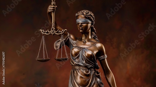 In-depth of the bronze figure of the goddess of justice bearing a blindfold and holding a sword and the scales of justice over a pale setting and space, Generative AI.