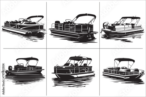 Pontoon boat black and white vector Illustration  of a white background.