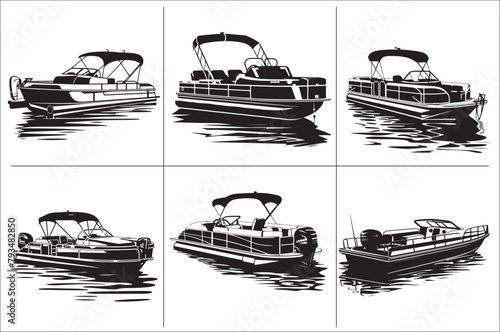 Pontoon boat black and white vector Illustration  of a white background.