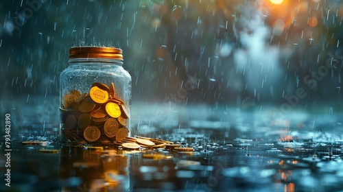Show Emergency Funds and Preparedness, depicting a rainy day fund in a literal or figurative storm photo