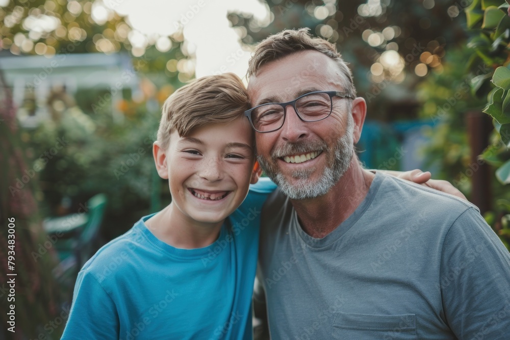 Father and son are hugging each other. Father and son are hugging each other.