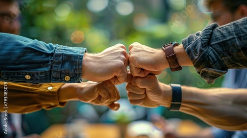 A group of people are fist bumping each other, with one person wearing a watch. Concept of camaraderie and teamwork