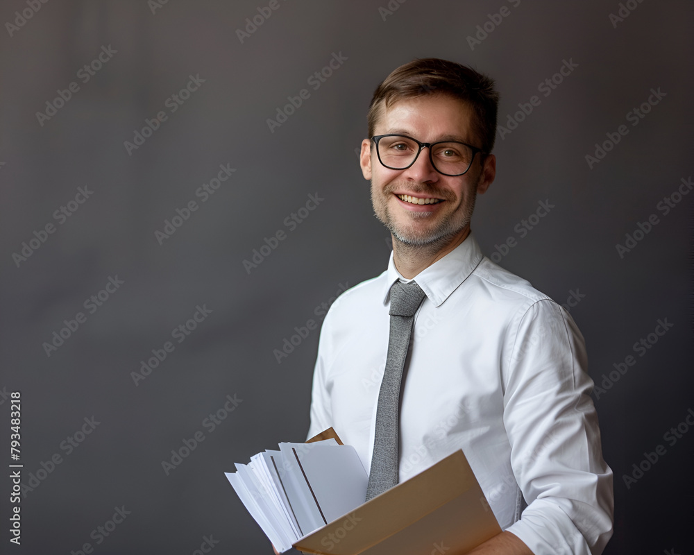 Profile of handsome teacher in glasses smiling. Short-haired teacher in white shirt and grey tie keeping documents in his hands