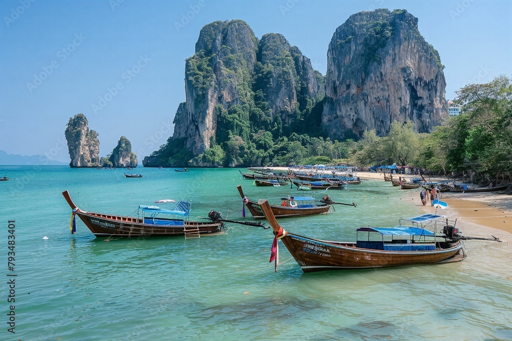 The picturesque sight of the jungle-covered cliffs and rocky beach in Phuket, Thailand with boats docked at a busy wharf against a clear blue sky background during a summer vacation travel concept