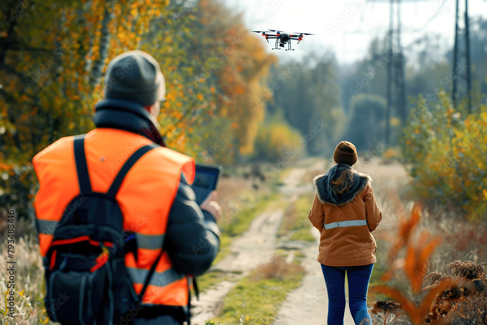 Naklejka premium Drone operators, monitor screens in hand, conduct aerial inspections of power lines, improving infrastructure safety.