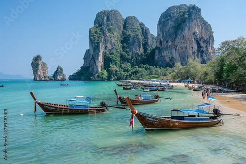 The picturesque sight of the jungle-covered cliffs and rocky beach in Phuket, Thailand with boats docked at a busy wharf against a clear blue sky background during a summer vacation travel concept