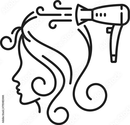 Blow dry hair icon, isolated vector hair care and treatment linear sign. Female head, hairdryer with airflow and wavy lines. Outline simple pictogram, symbolizing process of drying and styling hair