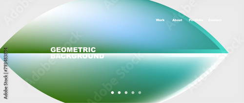 A vibrant green and electric blue geometric background with a leafshaped object resembling a terrestrial plant. The design includes circles and macro photography details