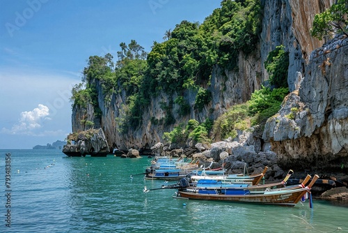 The picturesque sight of the jungle-covered cliffs and rocky beach in Phuket, Thailand with boats docked at a busy wharf against a clear blue sky background during a summer vacation travel concept