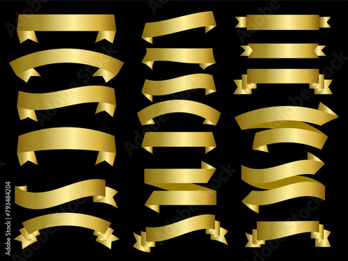 Golden color Ribbon elements. Gold outline modern simple ribbons collection. Flat banner ribbon for decorative design. Ribbons, Banners, badges, Labels Design Elements.