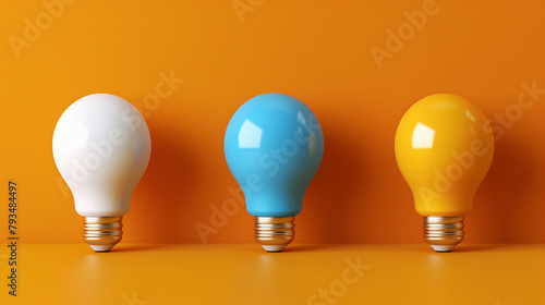 Three Light Bulbs in Primary Colors on Yellow Background