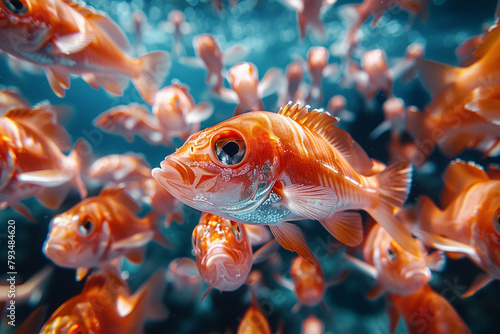 A goldfish with orange and white fins swims in a tank filled with blue water