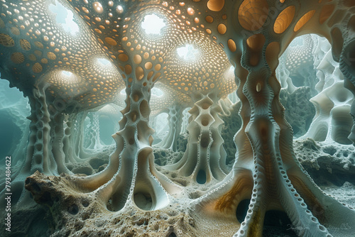 Ethereal blue jellyfish with pulsating fractal patterns glides through a dark, futuristic aquarium