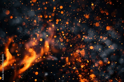 Fire embers particles over black background. Fire sparks background. Abstract dark glitter fire particles lights. bonfire in motion blur - generative ai