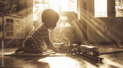 sepia tones, a child's joy is evident as they play with a classic wooden toy train in the warmth of a sunlit room