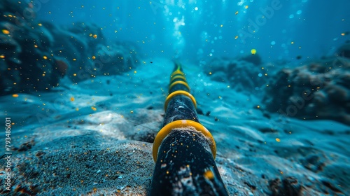A view of underwater fiber optical cable installation in ocean with a diver working in wire in backdrop with space for text, Generative AI. photo
