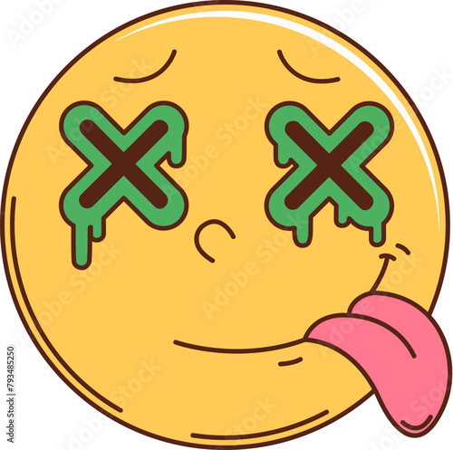 Cartoon retro hippie groovy dead face emoji. Isolated vector yellow smile face with Xs for eyes and sticking tongue, used to convey extreme exhaustion, boredom, or a lack of interest in a situation