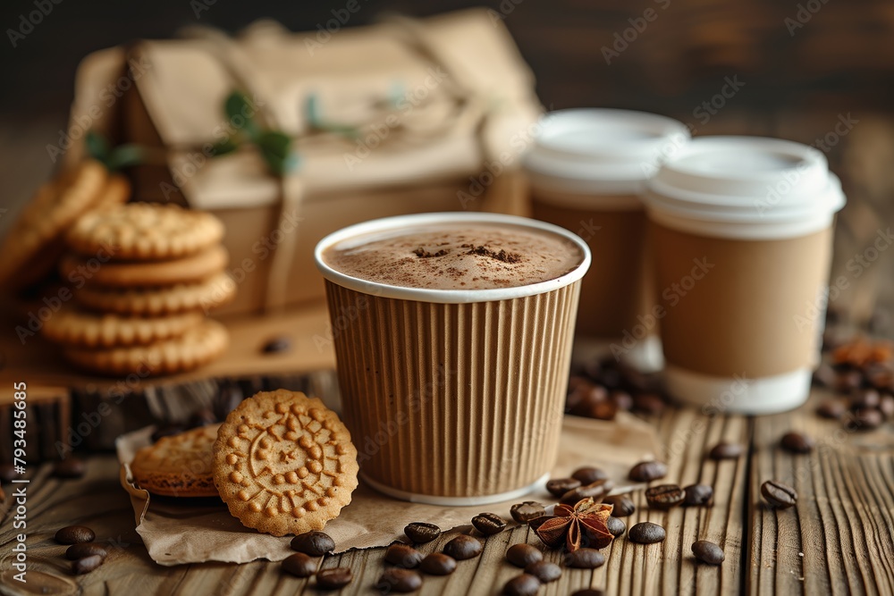 Takeaway Coffee and Cookies on Wooden Table. Disposable coffee cup with a sprinkle of cocoa powder, accompanied by cookies on a wooden table, perfect for on-the-go indulgence. Takeaway Coffee and Cookies on Wooden Table. Disposable coffee cup with a sprinkle of cocoa powder, accompanied by cookies on a wooden table, perfect for on-the-go indulgence.