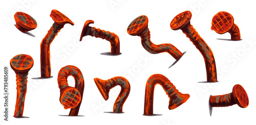 Rusty bent wall nails and hobnails with corroded surfaces and distorted shapes. Vector set of metal hardware spikes of orange color, curved and hammered into wall isolated old iron carpentry items