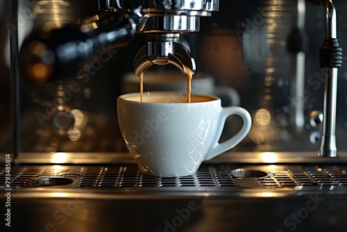 Espresso Machine Pouring Fresh Coffee in Cup. Espresso machine in action, extracting rich, golden coffee into a white ceramic cup, reflecting the art of precision brewing.