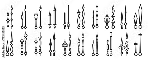 Clock hands, watch arrows and time pointers. Isolated vector icons set of black watch arrows. Monochrome hour and minute hand pairs, essential components of analog clocks in various shapes and sizes