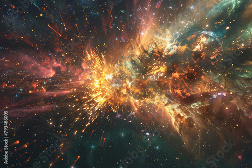 Celestial bodies colliding in a cosmic fireworks display. photo