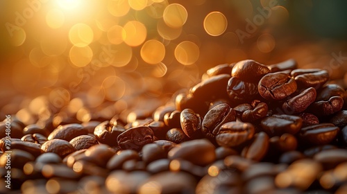 Golden Hour Coffee Beans Close-up. Roasted coffee beans bathed in warm golden light, highlighting rich textures and colors.
