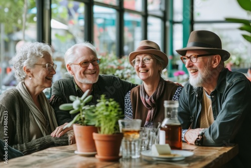 Group of senior friends sitting at a table in a cafe and talking