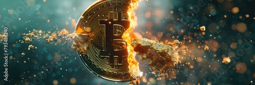 Bitcoin gold coin split in half, halving concept, divides miners' reward in half.