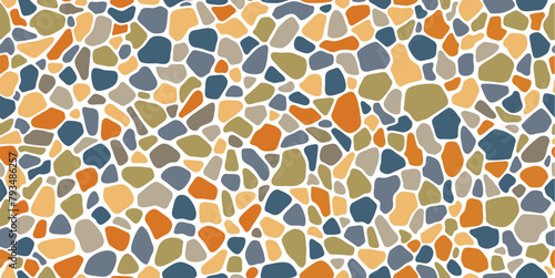 Gravel and pebble mosaic stone pattern, paving background. Vector seamless street cobblestone, garden sidewalk tile with colorful paving blocks, rocks or gravel for patio and outdoor space
