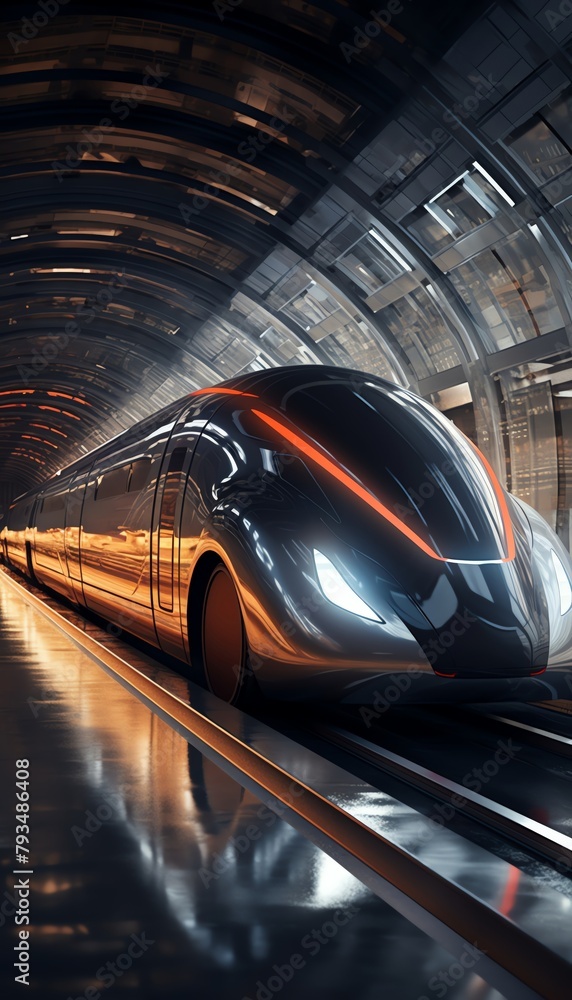 Capture the sleek, futuristic train from a rear view perspective, seamlessly blending technology and transportation Use CG 3D rendering to showcase a dynamic start
