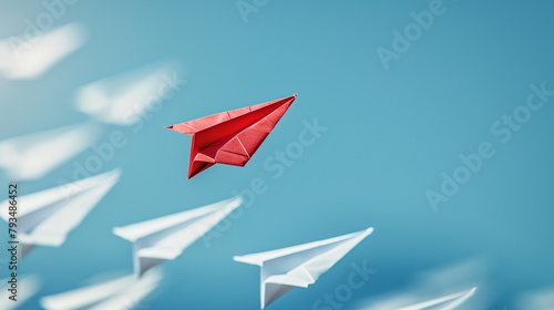 Red Paper Airplane Leading White Ones, Leadership Concept